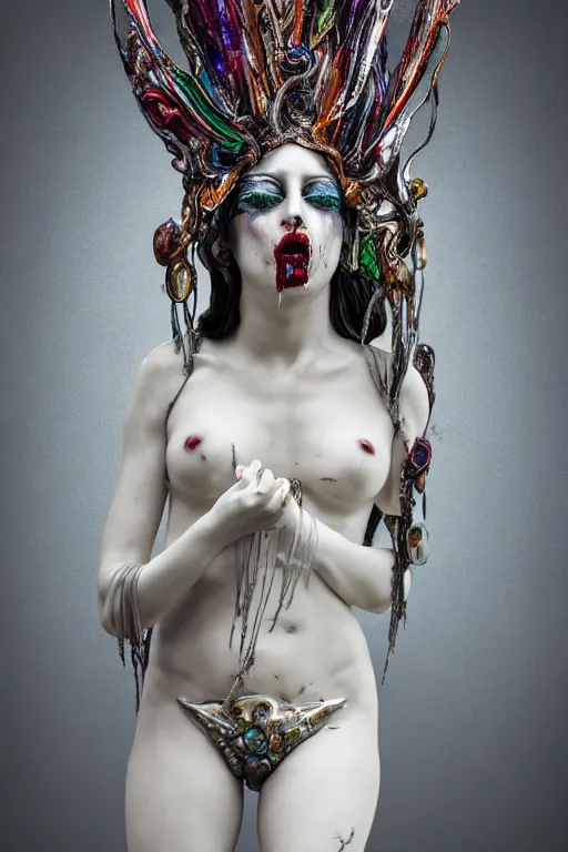 Image similar to white porcelain statue of wired matte sacred queen, sculpture with metallic polished intricated surface, dressed with a colorful torn silk cloak and chrome ornaments, made by antonio corradini, and dug stanat macabre art, dark surrealism, epic and cinematic view, volummetric light, texturized, detailed, freak circus, high graphics 8 k