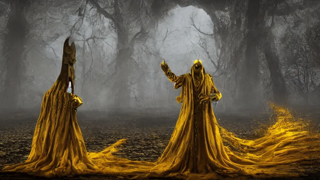 Image similar to King in yellow, horror, eldritch, 8K, concept art, DSLR, filmic, HDR, hyperrealism, Unreal Engine, volumetric lighting, Darkart