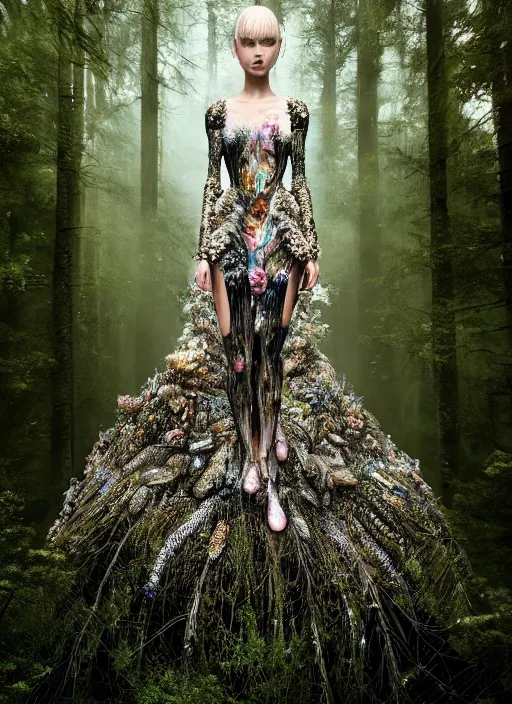 Prompt: a beautiful hyperrealistic ultradetailed 3D, one girl in a magnificent McQueen couture clothes on the background of a futuristic forest, Designer clothes, futuristic clothes, clothes from the future, biopunk, voge photo, fashion style, fullbody, in full growth, photorealistic, high resolution, trending on artstation, highly detailed, volumetric lighting, elegant, details, good clear quality, volumetric lighting, Tree roots, portrait, moss, si-fi, biology