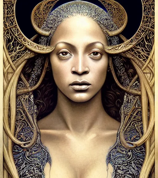 Prompt: detailed realistic beautiful young medieval alien robot beyonce face portrait by jean delville, gustave dore and marco mazzoni, art nouveau, symbolist, visionary, gothic, pre - raphaelite. horizontal symmetry by zdzisław beksinski, iris van herpen, raymond swanland and alphonse mucha. highly detailed, hyper - real, beautiful, fractal baroque