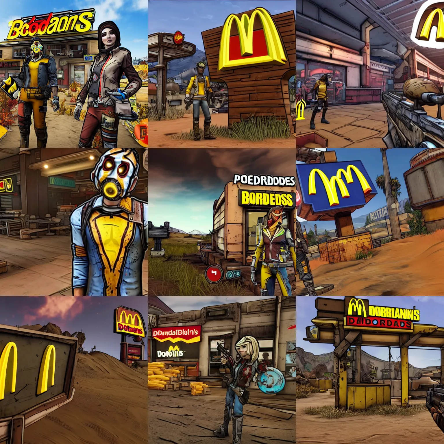 Prompt: borderlands screenshot of new mc donalds dlc