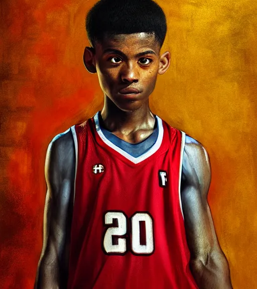 Image similar to portrait of a boy at a basketball court playing basketball wearing a basketball jersey in a basketball court standing near the basketball hoop, intense emotion, detailed facial expression, detailed surroundings, intricate, elegant, highly detailed, centered, digital painting, artstation, concept art, smooth, sharp focus, illustration, by Leonardo da Vinci, WLOP