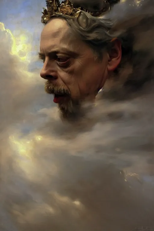 Image similar to beautiful detailed expressive impressionistic oil painting portrait of ancient roman god emperor steve buscemi ascending into the clouds wearing the civic crown, renaissance painting, art by anders zorn, wonderful masterpiece by greg rutkowski, expressive brush strokes, beautiful cinematic light, american romanticism by greg manchess, jessica rossier