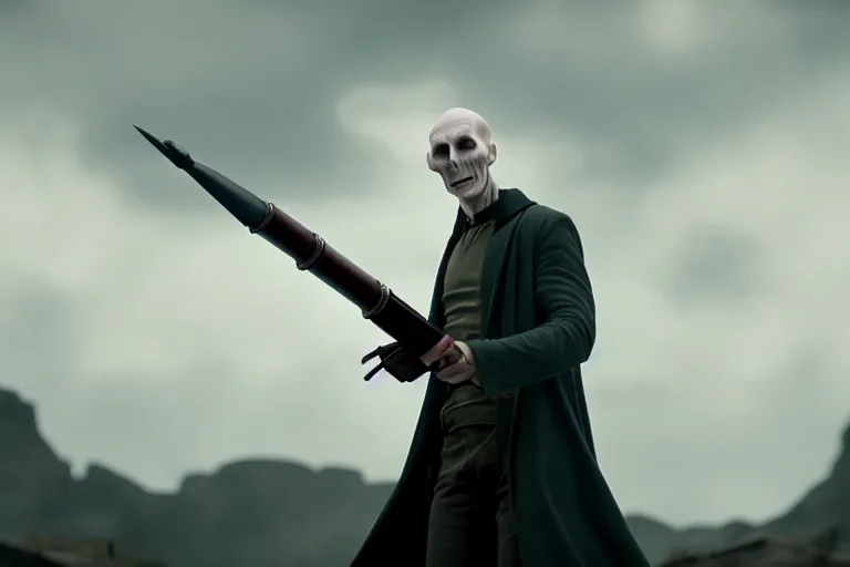 Prompt: volan de mort with a rocket launcher, harry potter movie screenshot, symmetry, cinematic, elegant, luxury, perfect light, perfect composition, dlsr photography, sharp focus, 8 k, ultra hd, sense of awe, highly detailed, realistic, intricate