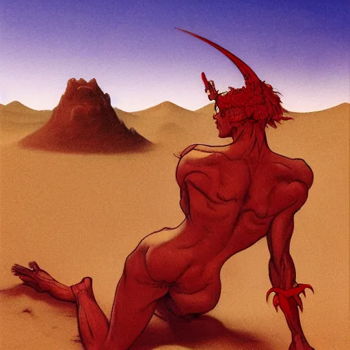 Image similar to journey of Bucolic gaze sand Desert Deity under crimson azure diamond sky, in the style of Frank Frazetta, Jeff Easley, Caravaggio, extremely clear and coherent, clear lines, 8K revolution