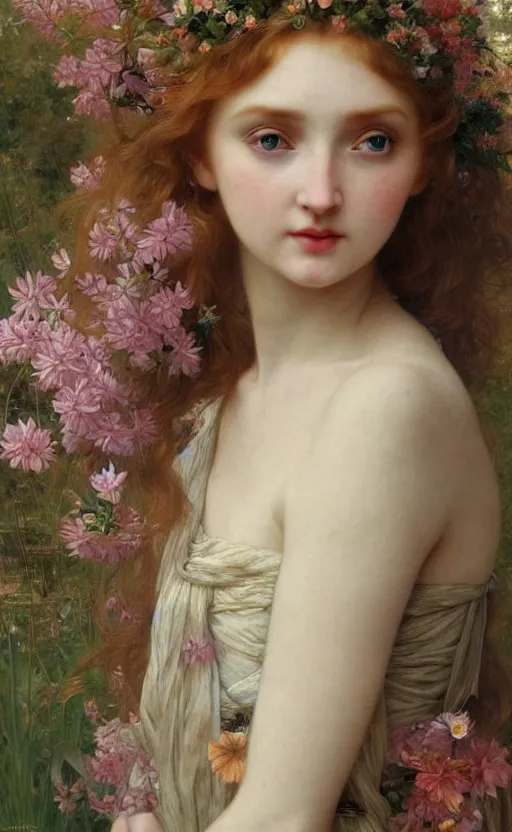 Image similar to a realistic oil painting of a girl resembling lily cole, covered in tons of flowers, highly detailed, intricate, detailed background, fairytale, artstation, by mucha, by william adolphe bouguereau, by waterhouse