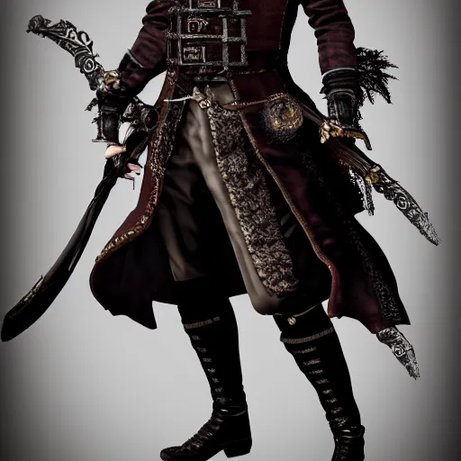 Image similar to Full body profile of Male Victorian Gothic Pirate Genshin Impact character, hd, intricate, bloodborne, 8k, digital art