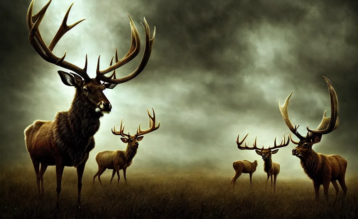 Image similar to epic professional digital art of antlered herbivores, faint golden moody atmospheric lighting, painted, intricate, detailed, detailed, foreboding, by leesha hannigan, wayne haag, reyna rochin, ignacio fernandez rios, mark ryden, iris van herpen,, epic, stunning, gorgeous, much wow, cinematic, masterpiece.