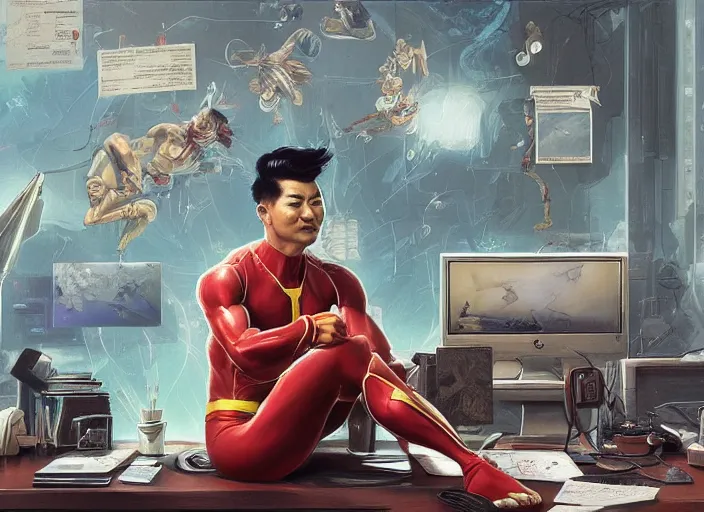 Image similar to an insanely detailed painting of an asian man wearing a homemade superhero costume, sitting at a desk, staring seriously at the computer and typing, in the style of peter mohrbacher, james jean, artgerm, dramatic lighting and composition, surreal background, octane render, pixar, trending on artstation, concept art, comic book, view from behind, 8 k