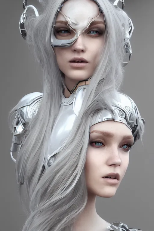 Image similar to white cyborg fashion shot, copper spiral hair decorations, white elegant baroque design, pretty face, photorealistic, 8k, hyper detailed, unreal engine, trending on artstation,