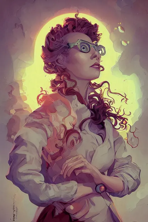 Prompt: portrait of mad lady scientist, stylized illustration by peter mohrbacher, moebius, juan gimenez, colorful comics style,