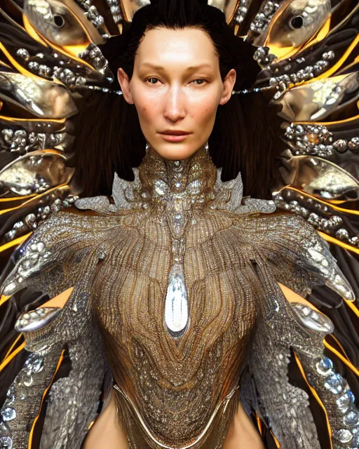 Image similar to a highly detailed metahuman 4 k close up render of an alien goddess bella hadid as jesus christ in iris van herpen dress schiaparelli in diamonds crystals swarovski and jewelry iridescent in style of alphonse mucha gustav klimt trending on artstation made in unreal engine 4