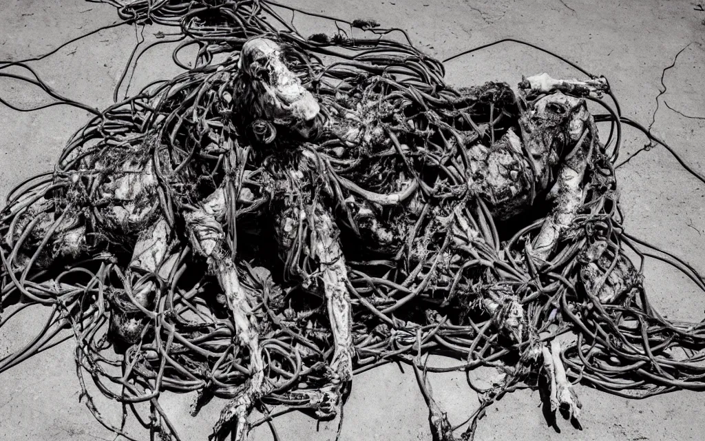 Prompt: in the desert a bloody gross horrifying the thing creature made of muscle and bone and blood stares at the camera, hundreds of black cables and wires wrap around the bodies, the drool comes out of the rotting bodies, eating, mid day, 3 5 mm photography, realistic,