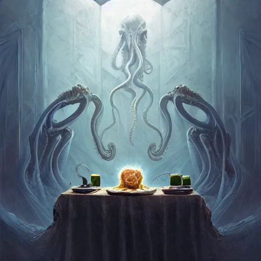 Image similar to Cthulhu eating toast, art by greg rutkowski and Zdzislaw Beksinski, good clear quality, lighting, horror, biology, symmetrical artwork, tentacles, Cthulhu Mythos, 135 mm, cinematic, hyper realism, high detail, octane render, 8k, chrome accents