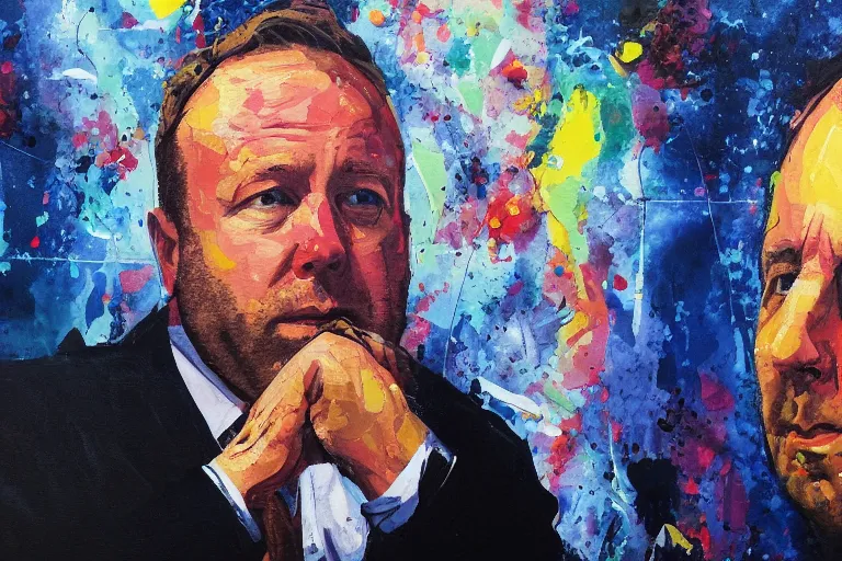 Image similar to abstract painting of alex jones looking worried as his life collapses into the lovecraftian void around him