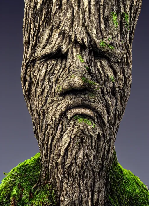 Image similar to a digital 3 d hyperrealistic ancient tree with an old man face covered with bark, eyebrows and mustache made of moss, in a dark mysterious forest at night, dramatic mysterious lighting,