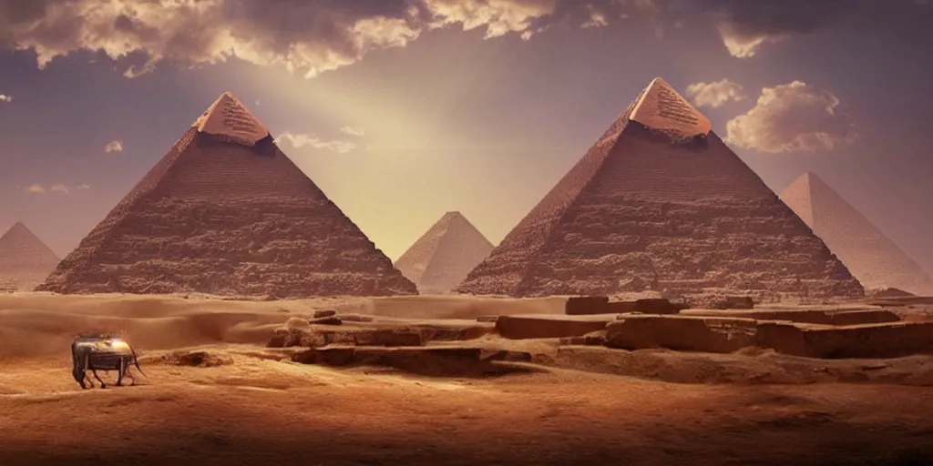 Image similar to beautiful egyptian landscape, pyramid, gorgeous clouds, god rays, digital art, landscape, fantasy art, octane render, ureal engine, high detail, very realistic, by greg rutkowski. by james gurney