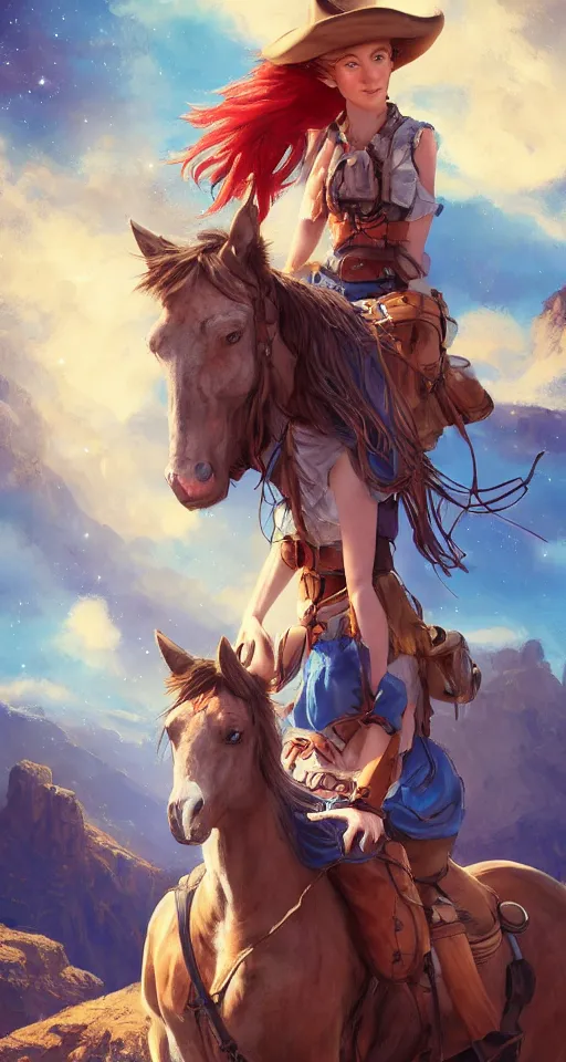 Image similar to a young cowgirl sitting on top of her horse, overlooking a canyon, red hair and blue eyes, stars and galaxies visible in the nightsky, sad and introspective, highly detailed, artstation, stunning, 8 k