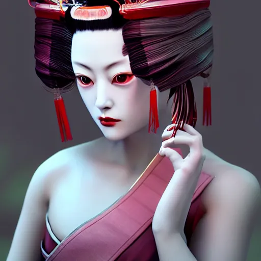Prompt: japanese geisha android portrait in the style of ash thorp, beautiful, cinematic lighting, octane renderer, unreal engine 5