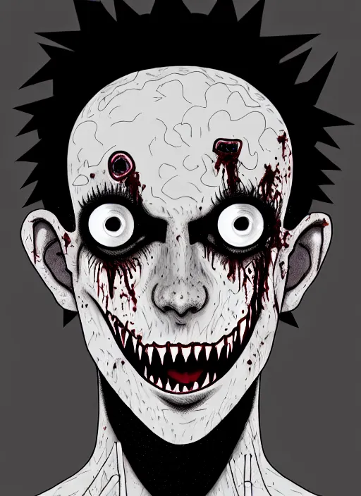 Prompt: junji ito style portrait of zombie teenage jughead jones wearing a light grey crown, photorealistic, zombie, crown, rotting skin, blind eyes, white eyes, crown, black hair, intricate, highly detailed, illustration, art by junji ito