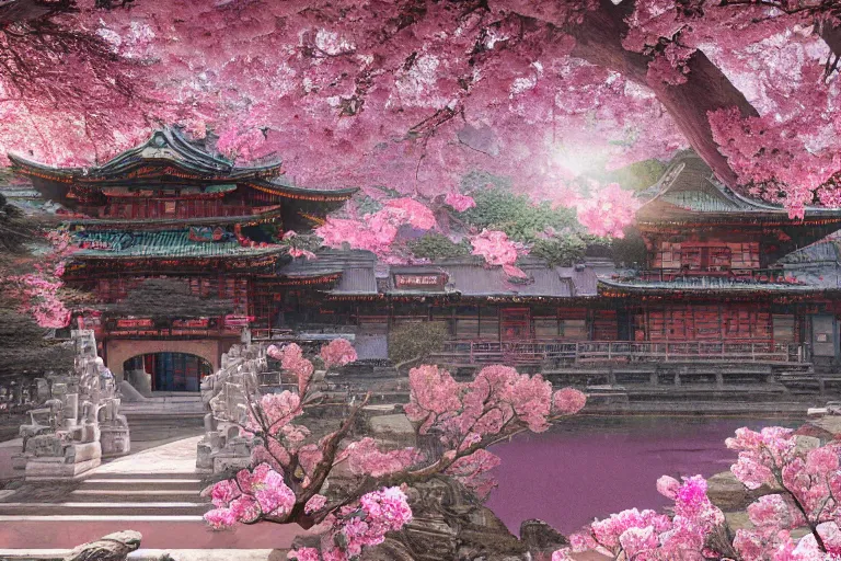 Prompt: hyperdetailed ancient japanese temple in the infinite flowerpunk sakura tree, cinematic highly detailed artstation hyperstylized illustrated by moebius and yoshitaka amano