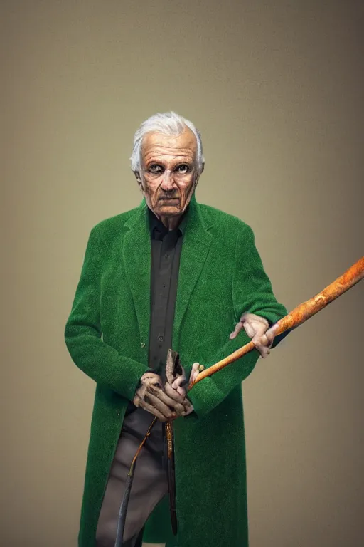 Image similar to portrait of an old man wearing layered black clothes with an elaborate walking stick that emits a soft green glow from an emerald at the top in an orange environment, Atmosphere. Realistic. Concept art. V-ray. Ultra HD. 8K. Sharp details. 50mm. f/3.5.