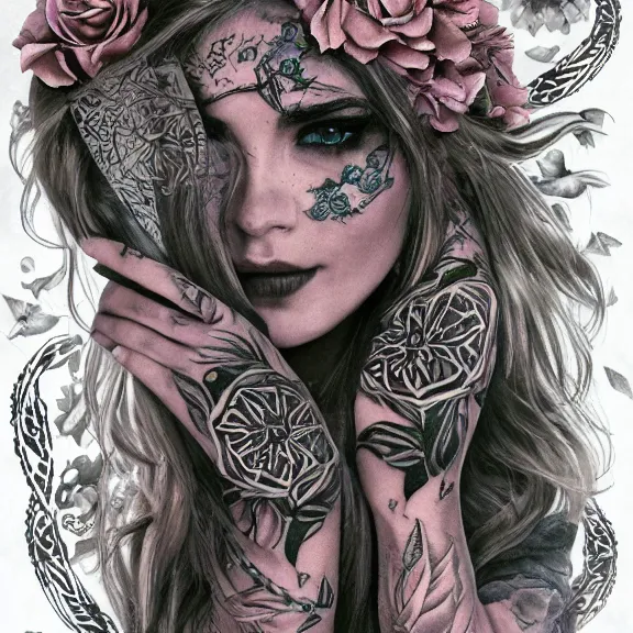 Image similar to Adriana Chechikcovered in floral tattoos and wicca runes , D&D, fantasy, highly detailed, digital art, trending on artstation, smooth, sharp focus, illustration, art by Peter Tang and artgem