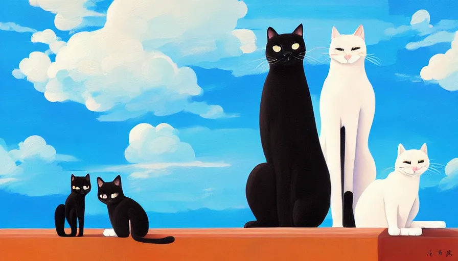 Image similar to contemporary semi abstract acrylic painting of really tall sitting cats by makoto shinkai, thick brush strokes and visible paint layers, glistening clouds in background