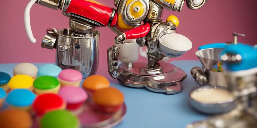 Image similar to closeup portrait of tin toy retro pastry chef robot mixing colourful chemicals and cooking pastry cake in a kitchen, depth of field, zeiss lens, detailed, centered, fashion photoshoot, by nicoletta ceccoli, mark ryden, lostfish, breathtaking, 8 k resolution, extremely detailed, beautiful, establishing shot, artistic, hyperrealistic, octane render