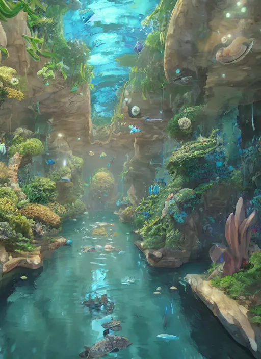 Image similar to an underground aquarium corridor, people observing lots of beautiful fish, fantastic space, water droplets, highly detailed, artstation trend, highly detailed and intricate, studio ghibli, makoto shinkai, no blur, photography, unreal engine 5