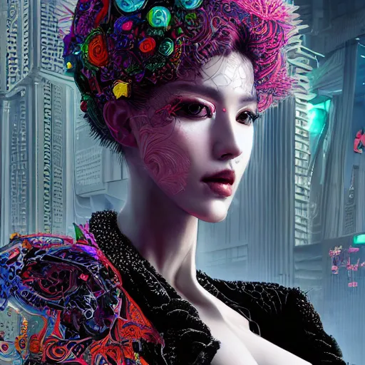 Prompt: the portrait of an absurdly beautiful, graceful, elegant, sophisticated, fashionable cyberpunk gravure idol, an ultrafine hyperdetailed illustration by kim jung gi, irakli nadar, hanna moon, intricate linework, bright colors, collage, porcelain skin, unreal engine 5 highly rendered, global illumination, radiant light, detailed and intricate environment