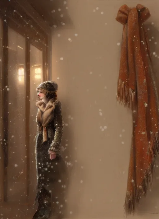 Prompt: back of emma stone in beige coat, walking into new york apartment building in winter, close up of wreath on door, snow, artwork by gaston bussiere, craig mullins, trending on artstation