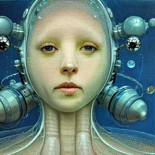 Prompt: realistic extremely detailed photo style portrait painting of a complete astronaut suit with exposed diamond 3d fractal lace iridescent bubble 3d skin clear brain , retro futuristic ,water , style hybrid mix of beeple,Anton Pieck,Jean Delville, Amano,Yves Tanguy, Alphonse Mucha, Ernst Haeckel, Edward Robert Hughes,Stanisław Szukalski , rich moody colors,diamond dust glitter and sparkles, holographic krypton ion,blue eyes,octane render,4k,f32,65mm,fullshot