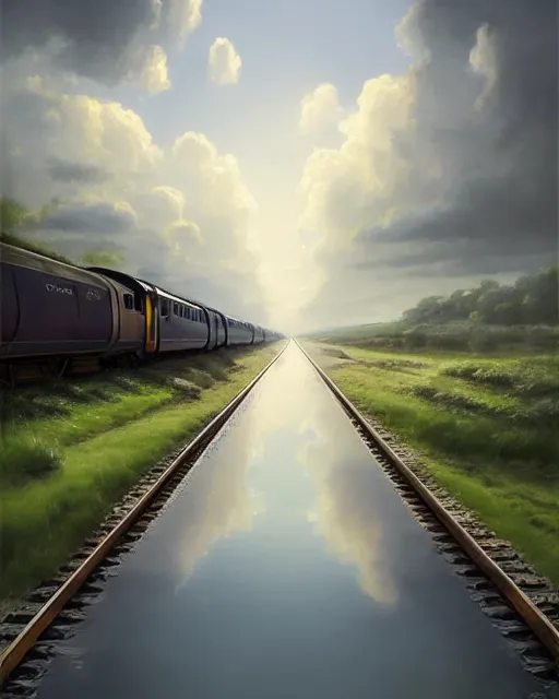 Image similar to shallow reflective water completely covers submerged train tracks as a girl walks along carrying her shoes, there is a train station in the distance, large white clouds on a wide horizon, intricate, elegant, highly detailed, digital painting, artstation, concept art, smooth, sharp focus, illustration, art by artgerm and greg rutkowski and fra angelico