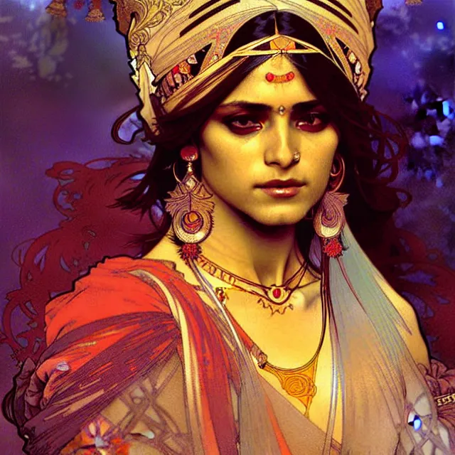 Image similar to an indian princess, art by alphonse mucha and greg rutkowski, elegant, extremely detailed