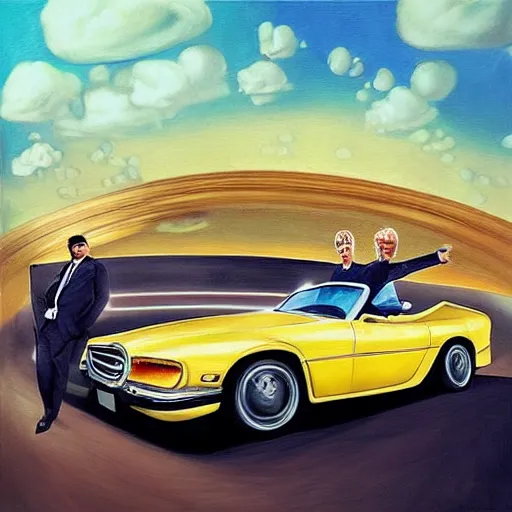 Prompt: “an award winning hyper realistic futuristic painting of a tall blond man and a dark haired man driving in an old timer car, the background flashing by in a colourful flurry.”