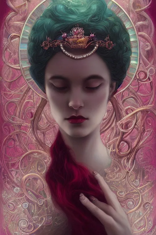 Prompt: Crown with iridescent pearls, ruby jewels, other worldly, art nouveau, by Anato Finnstark, Tom Bagshaw, Brom
