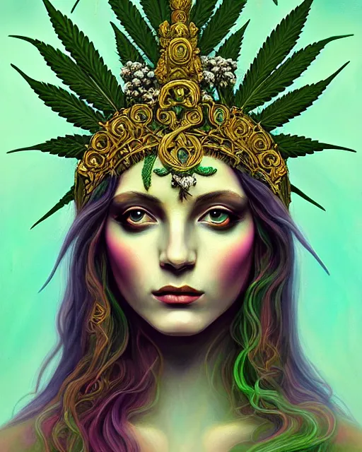 Image similar to portrait of beautiful cannabis goddess, enigmatic beauty, esoteric, muted colors, head in focus, fantasy art, ornamental aesthetics, intricate, elegant, highly detailed hyperrealistic painting, artstation, concept art, painterly, sharp focus, illustration, art by lois royoi