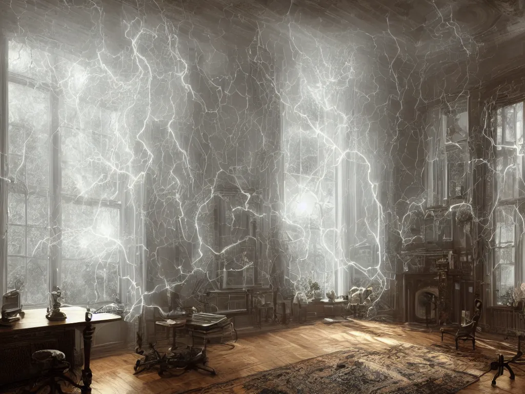 Prompt: richly decorated Victorian house with a moog modular synthesizer, modern, beautiful, detailed wood, photorealistic, photorealism, lightning, clouds, the winter light comes in through a window, volumetric fog