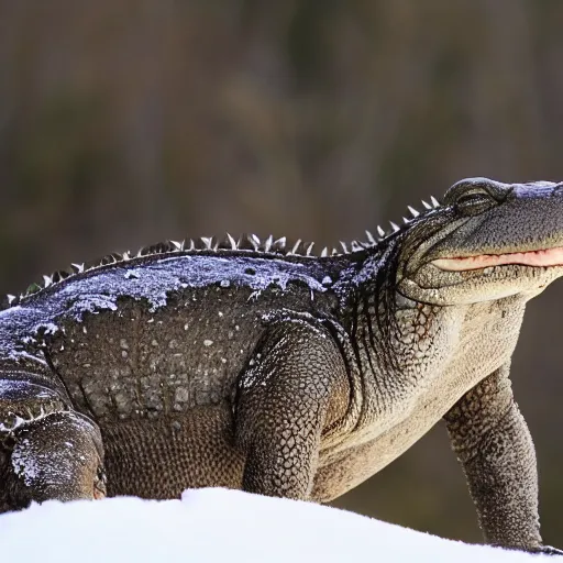 Prompt: photo of an aligator on snowy mountain peak, snow, 50mm, beautiful photo