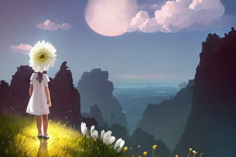 Image similar to giant white daisy flowers face, girl walking on cliff, surreal photography, solar eclipse, milky way, dramatic light, impressionist painting, clouds, digital painting, artstation, james gilleard, liam wong, jeremy mann, simon stalenhag