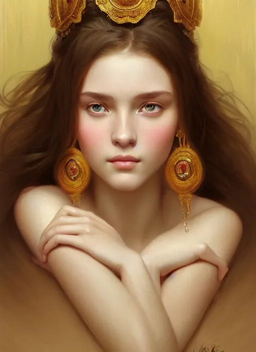 Image similar to beautiful ukrainian feminine face! portrait of young woman perfection, beautiful hair, symmetrical! intricate, elegant, highly detailed, vision of holy perfection, sleeping in a theatre!! smile, digital painting, artstation, concept art, smooth, sharp focus, illustration, art by artgerm and greg rutkowski and alphonse mucha