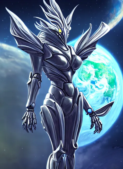 Image similar to goddess shot, galactic sized stunning beautiful anthropomorphic robot mecha female dragon, in space, larger than planets, posing elegantly, with earth in clawed hands, detailed silver armor, epic proportions, epic scale, ultra detailed digital art, furry art, macro art, dragon art, giantess art, warframe fanart, furaffinity, deviantart, realistic