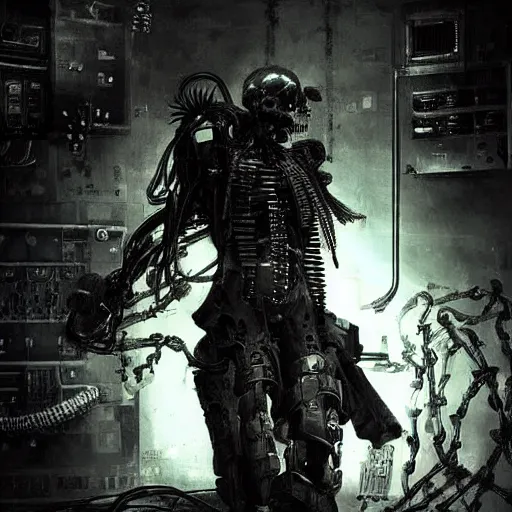 Image similar to in a dark room, a cybergoth hacker, skulls, wires cybernetic implants, machine noir grimcore, in the style of emil melmoth zdzislaw belsinki craig mullins yoji shinkawa realistic render ominous detailed photo atmospheric