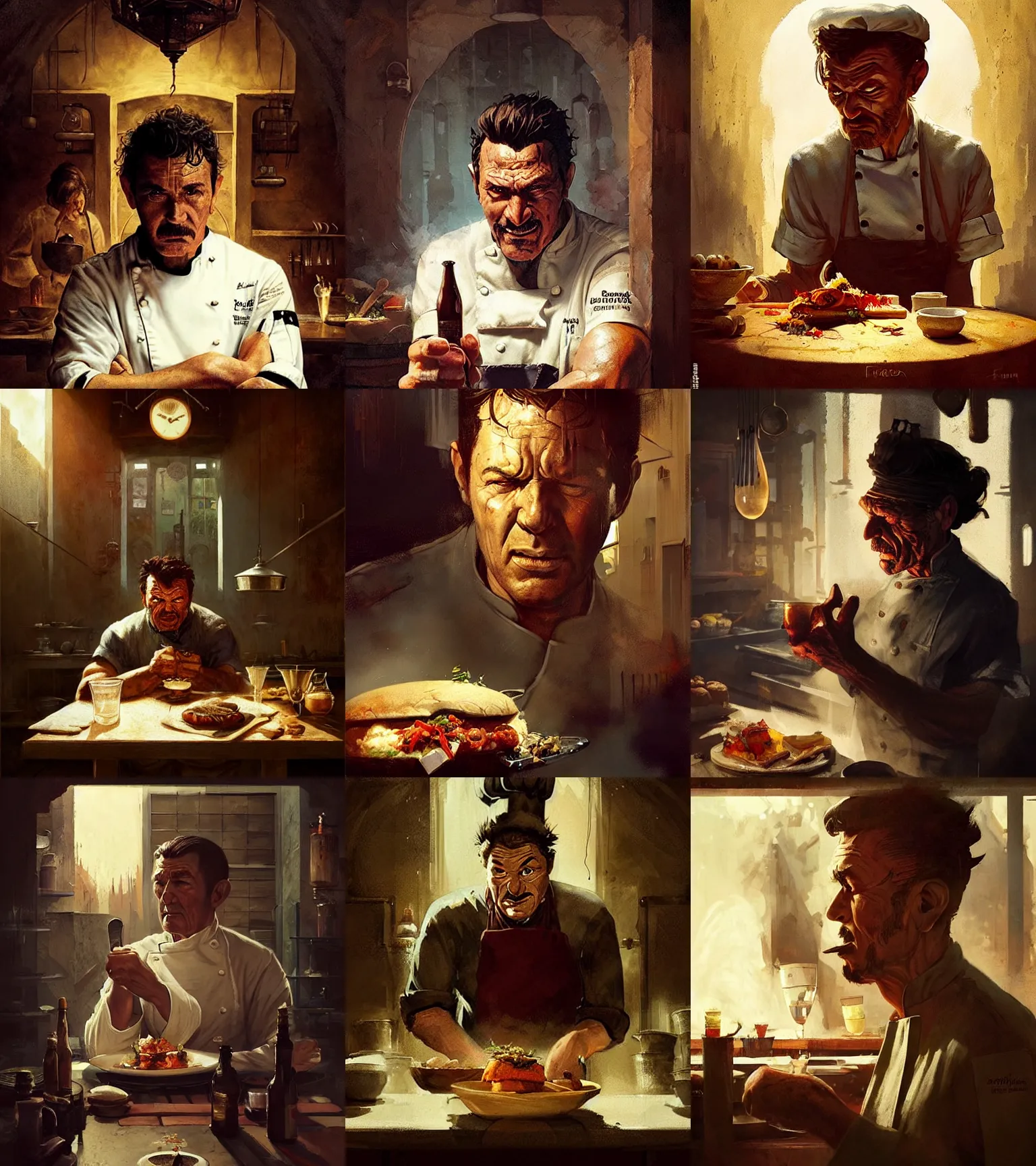 Prompt: a portrait of a chef character in a scenic kitchen environment by marco bucci and greg rutkowski and frank frazetta, sharp focus, detailed, cinematic, film noir