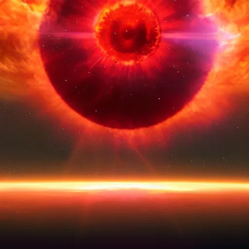 Image similar to a beautiful painting of a red giant sun going supernova, volumetric lighting by jean kalin popov and greg rutkowski