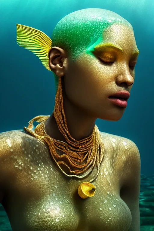 Prompt: hyperrealistic precisionist cinematic half underwater scene with fish and algae, very expressive! translucent elegant african goddess getting out of water, gold jewerly, highly detailed face, digital art masterpiece, aykut aydogdu zener, dramatic volumetric light, long shot, low angle uhd 8 k, sharp focus