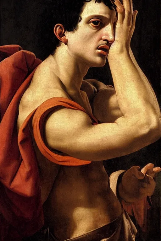 Prompt: renaissance painting of man, short black hair, pleading face, tears dripping from the eyes, emotions closeup, dressed in roman armour, ultra detailed, art by Guido Reni style, Vincenzo Catena style