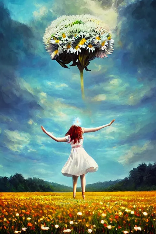 Image similar to giant white daisy flower on head, girl dancing in a flower field, surreal photography, sunrise, dramatic light, impressionist painting, colorful clouds, digital painting, artstation, simon stalenhag