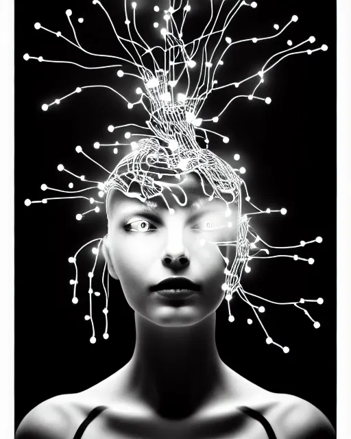 Image similar to black and white connected cyborg - plant goddess high quality photo, microchip, artificial intelligence, bio - mechanical bio - luminescence, black wired cables, neurons, nerve cells, cinematic, rim light, photo - realistic, elegant, high detail, 8 k, masterpiece, high fashion